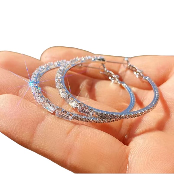 Silver Hoop Earrings with RHINESTONE Detail - Picture 6 of 8